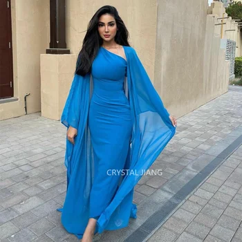 Muçulmano Vestidos de Noite Azul de Um Ombro Chiffon com Um Envoltório de Linha de Bainha de Comprimento Chão Robe De Sarau Femmes