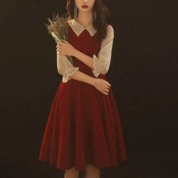 Luxo Designer Pequeno Vestido Vestido de Malha de Manga do Joelho-comprimento Vestido de 2023 Primavera-Verão da Nova safra Vermelho Vestido de Casamento Vestido de Noiva